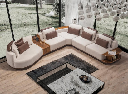 Beige living room corner sofa exclusive L-shape couch modern wooden frame